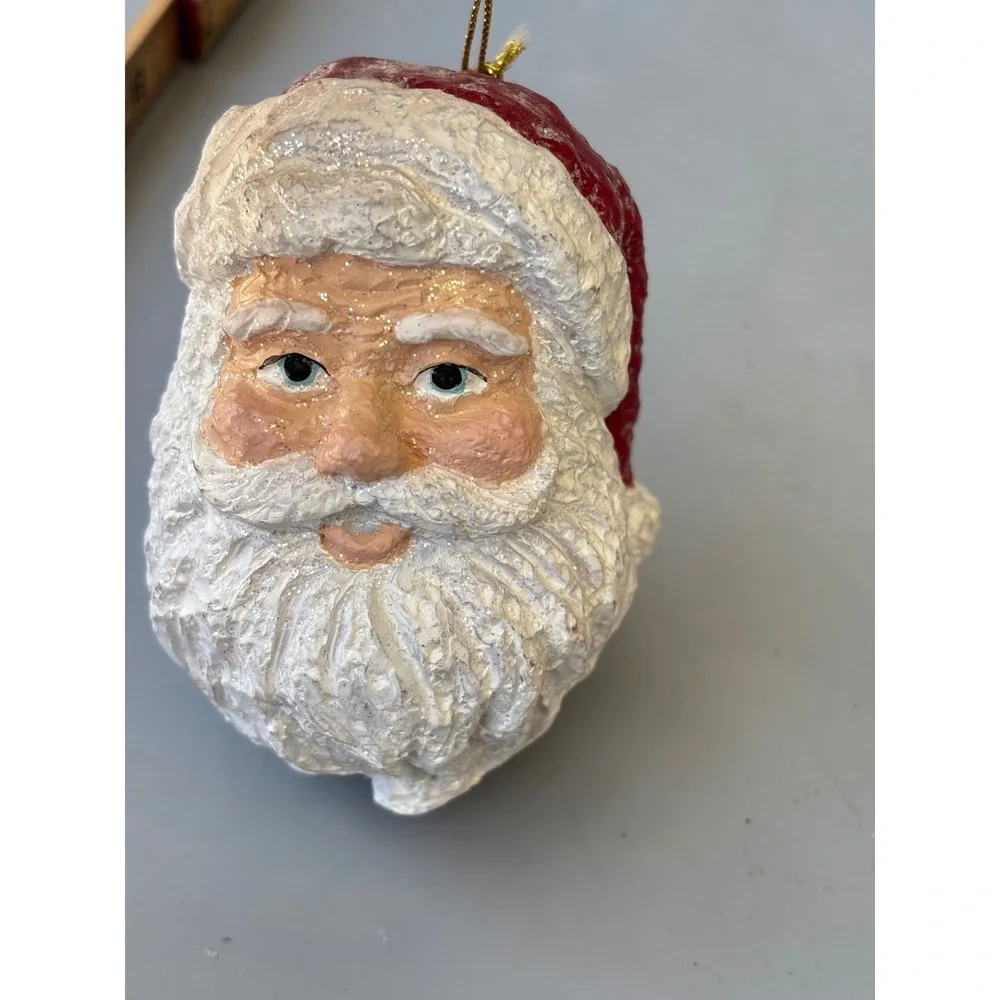 Vintage Style‎ Santa Claus Head Christmas Ornament Red White Glitter 4 Inch